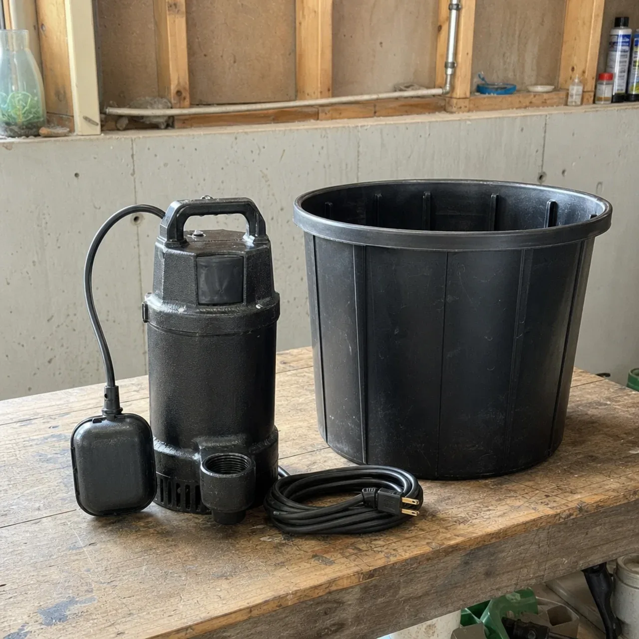 Sump pump, float switch and basin