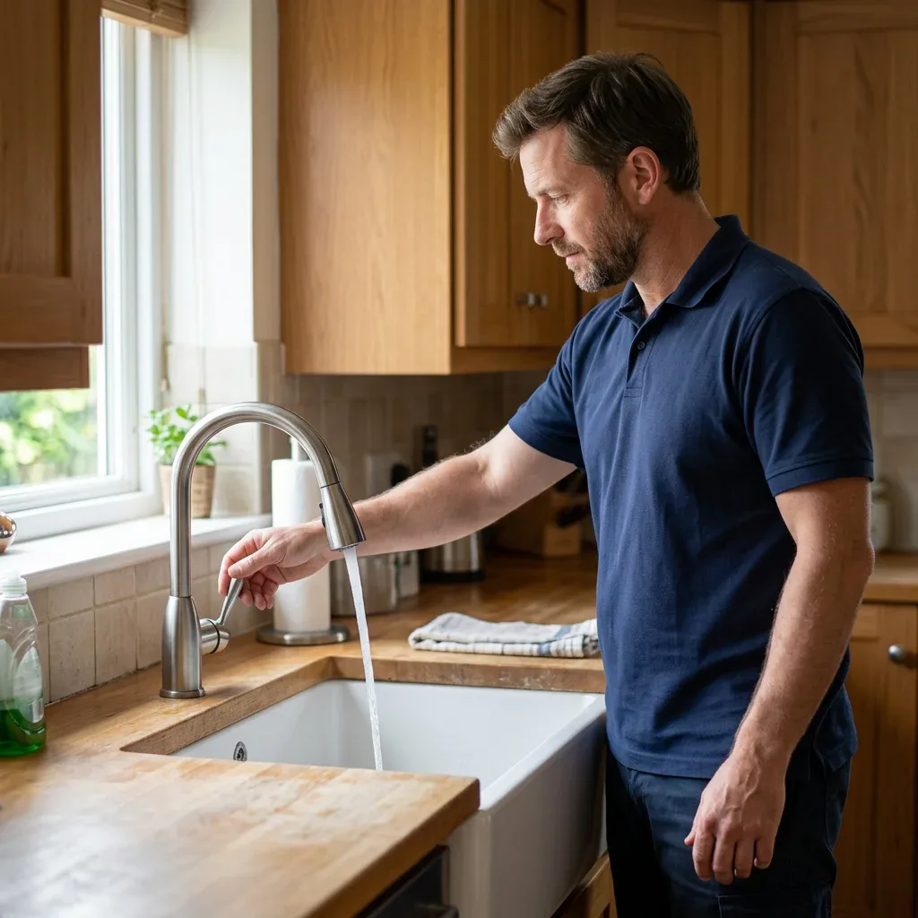 Plumber checking a residential kitchen faucet