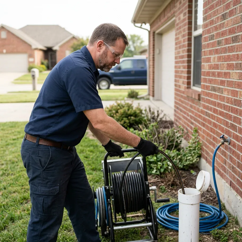 Plumber working with a hydrojetting hose reel
