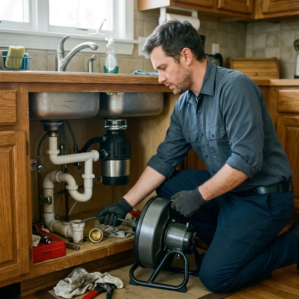 Technician operating a compact drain auger beneath a kitchen sink in a charcoal button-front work shirt