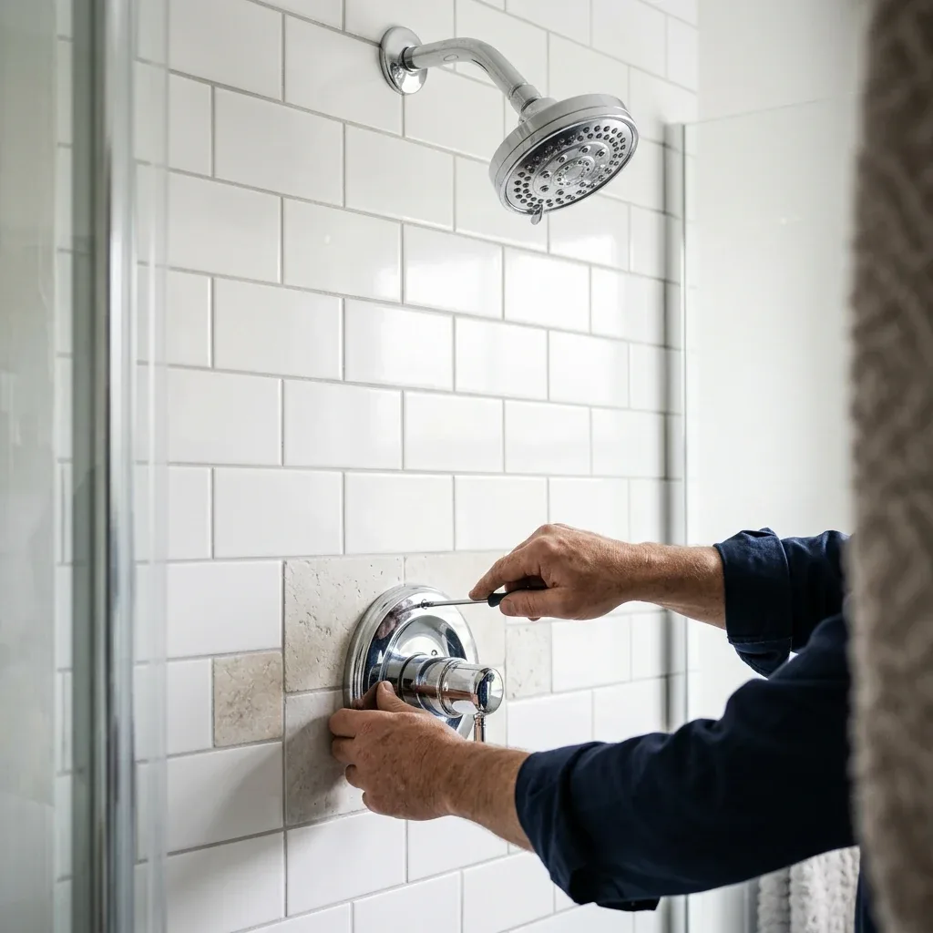 Conceptual service photo of hands working on a chrome shower-valve trim against white subway tile.